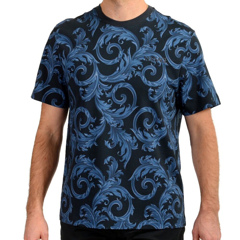 Versace Men's Navy Blue Barocco Logo Print Short Sleeve T-Shirt US 3XL IT 58